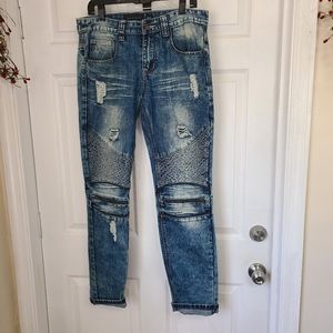 (890) Decibel Men's  5 Pocket Rip Repair Jeans in Blue, Size: 32/32